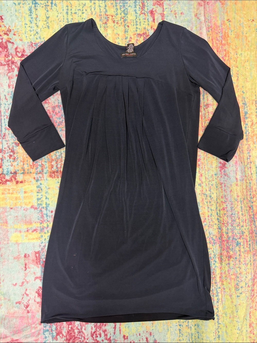 New York & Company Black Long-Sleeve Pleated Scoop Dress